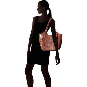 Sac fourre-tout en cuir véritable pour femme, style bohème, motif floral embossé, fermeture éclair, bandoulière avec pompon décoratif - Product Image 6