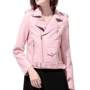 <b>Pink</b> Genuine Leather Eco-Friendly <b>Waterproof</b> Varsity <b>Jacket</b> Women's Stand Collar Zipper Closure Full Sleeve Autumn Style Belt - Product Image 5