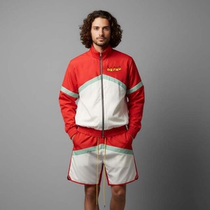 Men's Red Color Blocking Sporty Outerwear Set Stand Collar Knitted Breathable Summer Wear - Product Image 5