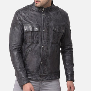 Blouson de motard en cuir véritable lavé pour homme, col montant, fermeture boutonnée, style moto, pour l'automne - Product Image 1