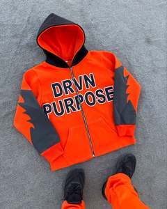 Conjunto Deportivo de Sudadera con Capucha y Cremallera en Naranja y Gris, Pantalones Deportivos, Estampado DRVN PURPOSE, Traje de Felpa Cómodo para Niños, Ropa Urbana - Product Image 1