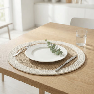 แผ่นรองจานผ้าฝ้ายทรงกลมสองสี เบจ-ขาว สำหรับโต๊ะอาหาร - Product Image 4