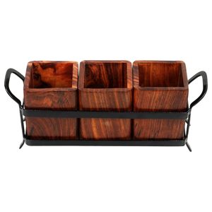 Wooden Utensil Holder Compartments Kitchen Organizer with Metal Stand Dark Brown Cutlery Stand - Product Image 4