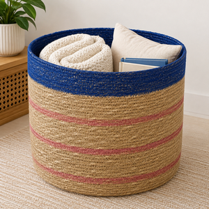 Panier de rangement rond en corde de jonc de mer très demandé avec couvercle, écologique, pour linge sale, en rotin, pour la maison et la chambre - Product Image 1