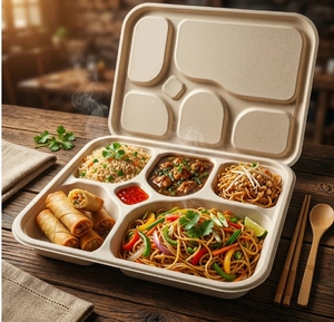 Barquette 5 compartiments avec couvercle, récipient alimentaire jetable, recyclable, micro-ondable, réfrigérable, pour plats à emporter - Product Image 3