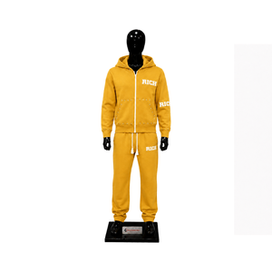 Ensemble de survêtement doré avec sweat à capuche entièrement zippé et clouté, pantalon de jogging, logo personnalisé, streetwear, vêtements de sport décontractés, tenue respirante, coupe ajustée, vente en gros - Product Image 1