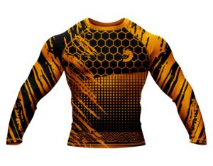 Haut de sport MMA pour homme à manches longues, noir et orange, imprimé dragon par sublimation, en spandex et polyester, séchage rapide - Product Image 1