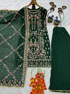 Kurti vert de créateur pour femme avec palazzo et dupatta |   Tenue de soirée à broderies lourdes - Product Image 3