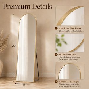 Miroir sur pied arqué pleine longueur de 56 pouces avec cadre doré en verre fait main pour chambre et salon - Product Image 4