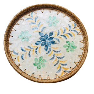 Plateau de service en rotin fait main avec motif floral bleu, plateau décoratif en osier naturel pour usage résidentiel - Product Image 4