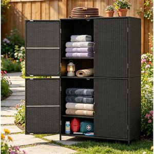 Armadio da Esterno in Rattan PE con Ripiani Regolabili, Casetta Porta Attrezzi Anti-Ribaltamento per Giardino, Patio, Cortile, Bordo Piscina - Nero - Product Image 1