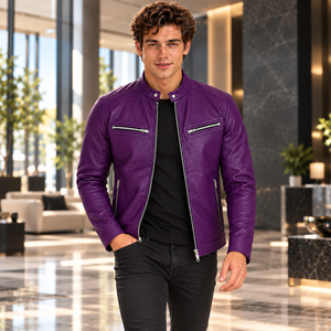 Veste en cuir texturé violet pour homme avec col montant et quatre poches zippées, fournisseur d'usine OEM personnalisé en gros - Product Image 3