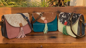 Handcrafted Hair on Cowhide Colorful Suede Leather Crossbody Shoulder <b>Bags</b> for Women Sustainable Recycled Leather <b>Tassel</b> Handbag - Product Image 4