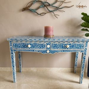 Mesa Consola Moderna de Lujo Nórdica Azul y Blanca con Incrustaciones de Hueso y Cajones para Sala de Estar, Entrada y Decoración del Hogar - Product Image 1