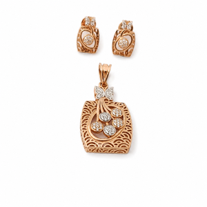 18ct Rose Gold Natural Diamond Filigree Floral Drop Pattern Pendant Earrings Set for Women High Polish Wedding Gift Jewelry - Product Image 2