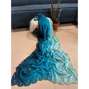 Sari de Seda Chinnon de Moda con Bordado a Mano y Blusa sin Coser Color Cielo - Product Image 1