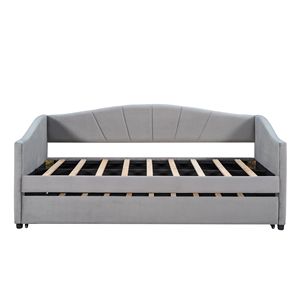 Divano letto imbottito a una piazza e mezza con letto estraibile, grigio, con doghe in legno, stile contemporaneo - Product Image 6