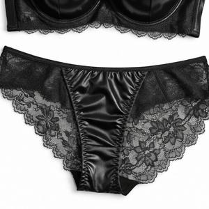 Conjunto de sujetador con aros y bikini de cuero negro para mujer con ribete de encaje, lencería push-up de copa completa, dos piezas - Product Image 3