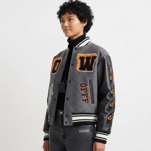 Wholesale Custom Men's Y2K Varsity <b>Jacket</b> Heavyweight Wool Blend <b>Grey</b> Bomber Orange Chenille Patches Leather Sleeves - Product Image 4