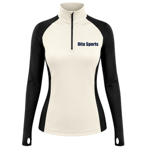 Haut de sport pour femme à col zippé, ivoire, manches longues, ajusté, pour l'entraînement, col montant, avec passe-pouce, vêtement de performance - Product Image 1