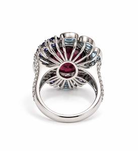 Luxury Women's Cocktail <b>Ring</b> 925 Silver Natural Stone Ruby Oval Cut with Blue Gemstones Prong Setting Flower Design Engagement - Product Image 4