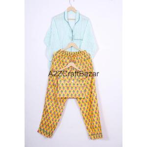Conjunto de Pijama de 2 Piezas para Mujer, Estilo Bohemio Romántico Clásico de Verano, Suave y Liso, 100% Algodón, Cintura Elástica, Top y Pantalones - Product Image 1