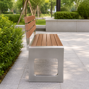 Banco de Parque Moderno de Madera con Estructura y Respaldo de Acero Inoxidable para Jardín, Patio y Espacios Públicos - Product Image 4