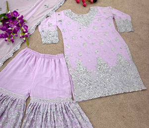 Trajes Sharara Punjabi Indio-Pakistaní para Fiesta, en Faux Georgette con Bordado Intenso y Lentejuelas, Kurtis Sharara con Dupatta - Product Image 2
