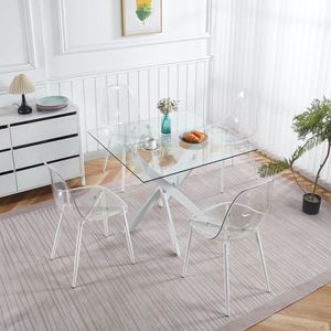 Modern White <b>Square</b> <b>Dining</b> <b>Table</b> with Cross Metal Leg Tempered <b>Glass</b> Space Saving for Kitchen & Living Room 9' - Product Image 3