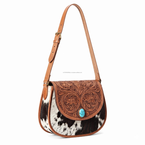 Cowgirl Brown Leather Crossbody Saddle <b>Bag</b> With Hair on Cowhide Panels Turquoise Stone And Floral Tooling Western Shoulder Purse - Product Image 1