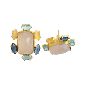 Boucles d'oreilles clous en quartz rose plaqué or 18 carats, laiton, pierres précieuses vintage, vente en gros - Product Image 2