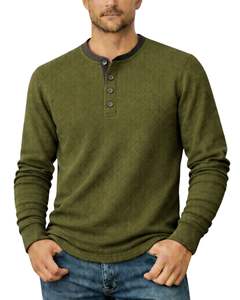 Mens Waffle Henley Long Sleeve <b>Thermal</b> T Shirt Olive Green Casual Button Neck Winter Wear <b>Top</b> Cotton Slim Fit Breathable Fabric - Product Image 1