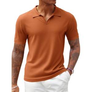 2025 hombres 100% poliéster cuello en V para Polos de punto oscuro Golf Casual Slim Fit Tops alta manga corta músculo gimnasio Tops - Product Image 1