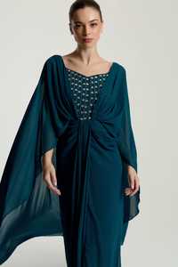 Vestido de noche de gasa color verde azulado con cuello corazón, manga larga, con cuentas, diseño cruzado, antiarrugas, sujetador incorporado, elegante, largo hasta el suelo, estilo tubo. - Product Image 5