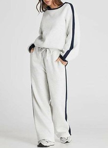 Conjunto de Dos Piezas de Punto Informal para Mujer, Manga Larga, Cuello Redondo, Corte Holgado, Color Sólido, Pantalones Largos con Bolsillo, para Todas las Temporadas - Product Image 3