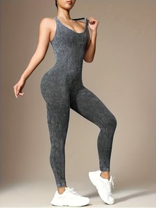 Women's Solid Ribbed Seamless <b>Yoga</b> Jumpsuit | Eco-Friendly Acid Wash Backless Gym <b>Unitard</b> | Breathable Quick Dry Lightweight - Product Image 2