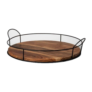 Plateau de service rond moderne en bois et en fer avec motif architectural et style haut de gamme - Product Image 3