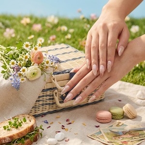 Uñas acrílicas de almendra, flores femeninas poéticas rosas desnudas nacaradas en diseño de dedo silencioso - Product Image 5