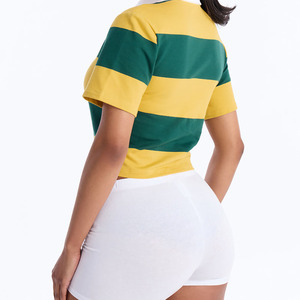 Women's Cropped Rugby <b>Shirt</b> Custom Embroidery Oversize Dropped Shoulder Breathable <b>Red</b> <b>White</b> Contrast <b>Striped</b> Polos - Product Image 2