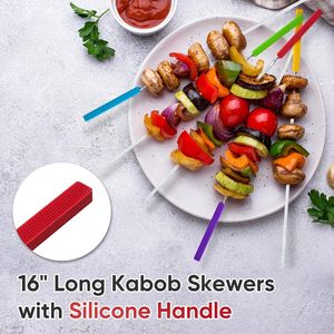 10 Pack Reusable 16\" Long Kebab Skewers with Silicone Handle Stainless Steel Flat <b>BBQ</b> Accessories for Party Grills - Product Image 3