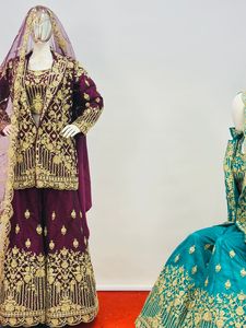 Pakistani pesante in pietra abito da sposa collezione <span class=keywords><strong>9</strong></span> colori e 5 disegni Ken Plazo Net Lehenga Dupatta Blazer Lehenga Choli - Product Image 4