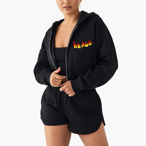 Ensemble deux pièces personnalisé en coton 100 % pour femme : sweat à capuche court zippé à manches longues et short taille mi-haute coupe ajustée avec fentes latérales - Product Image 1