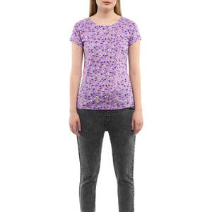 T-shirt à manches courtes pour femme, imprimé floral violet, respirant, 100% coton, haut décontracté pour le printemps - Product Image 4