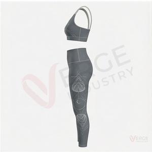 Conjunto de yoga de 2 piezas con estampado geométrico gris para mujer, sujetador deportivo con cuello redondo, leggings de cintura alta, longitud completa - Product Image 3