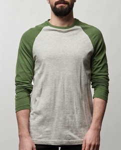 T-shirt à manches raglan pour homme, blanc et noir, bordure contrastée, col rond, coupe décontractée, couleur unie, coton tricoté - Product Image 3