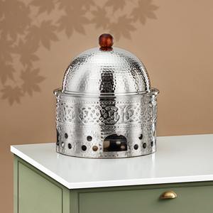 Plat à chafing de luxe doré martelé en acier inoxydable, chauffe-plats avec base arabe embossée et bouton en bois pour buffet de mariage - Product Image 4