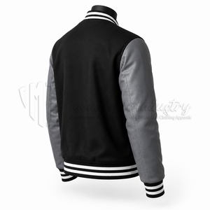 Chaqueta Universitaria Negra Personalizada, Cuerpo de Lana, Mangas de Cuero Gris, Chaqueta Letterman, Fabricante de Marca Privada OEM - Product Image 4