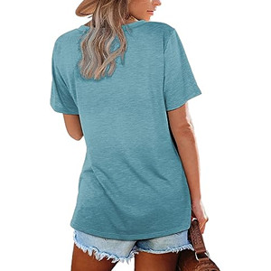 Camiseta de Mujer con Cuello en V, Manga Corta, Color Sólido, Corte Holgado, Informal, Verano, Transpirable, Tejido de Jersey de Algodón - Product Image 2
