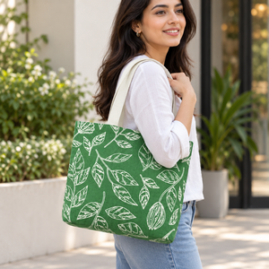 Sac fourre-tout de plage en jute non laminé, imprimé feuilles vertes, 42 x 32 x 14 cm, avec poignée plate en ruban de coton blanc de 60 cm, logo personnalisé, vente en gros - Product Image 5