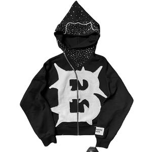 Venta al por mayor ODM personalizado Sudadera con capucha de ganchillo diamantes de imitación peso pesado 100% algodón polar Regular Fit recortada invierno sudaderas hombres - Product Image 1